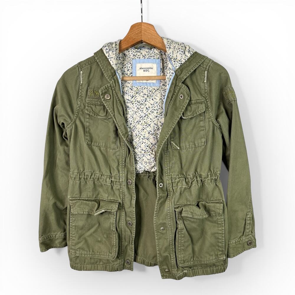 Abercrombie Fitch Kids 11/12 Utility Style Army Green Hooded Khaki Jacket - Picture 1 of 10